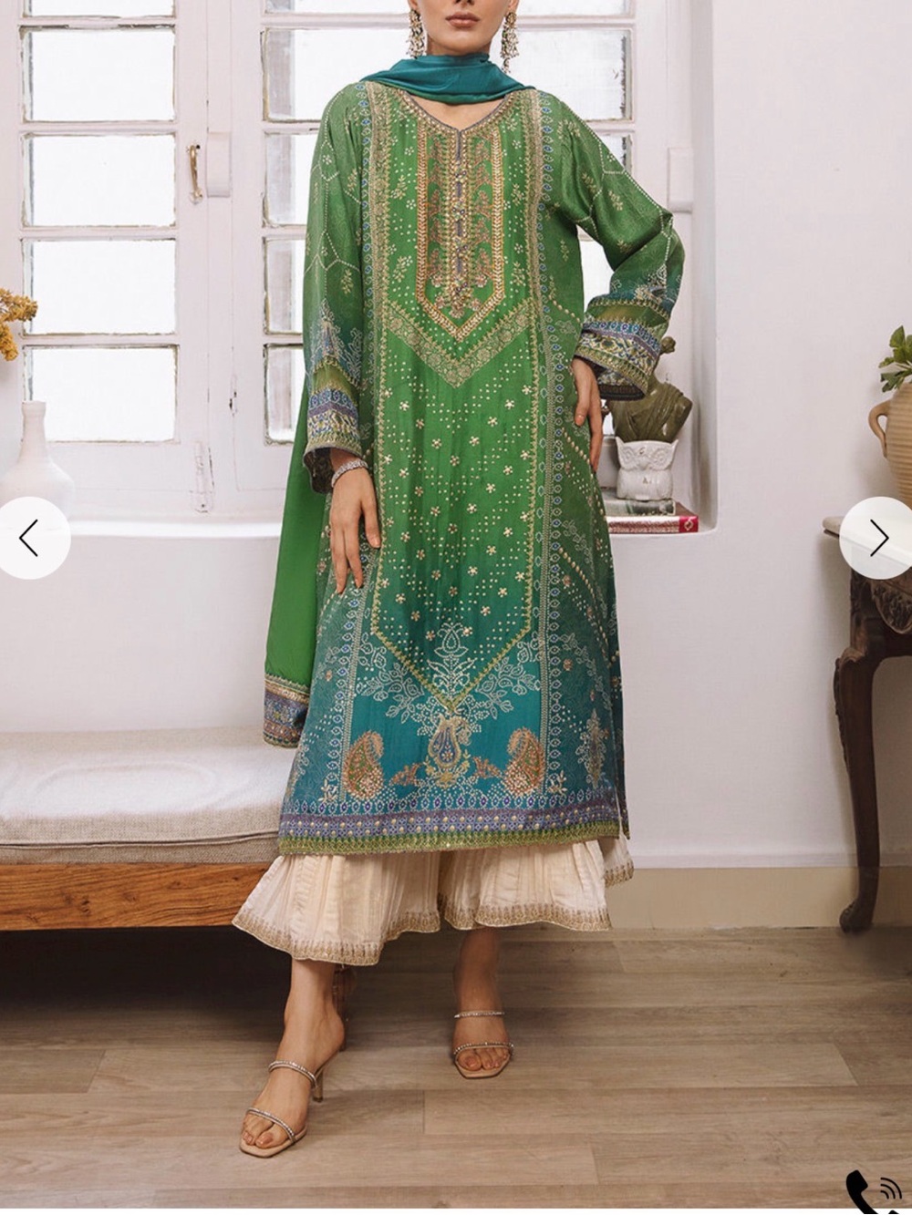 Farah Talib Aziz - 3 piece - Small - Green & Blue Embroidered Kurta, paired with
